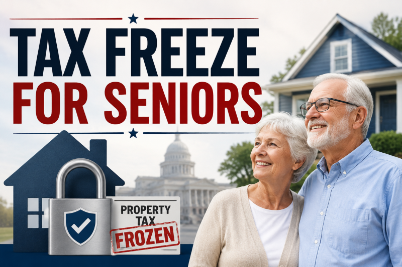 Tax Freeze for Seniors graphic with an older couple and a home