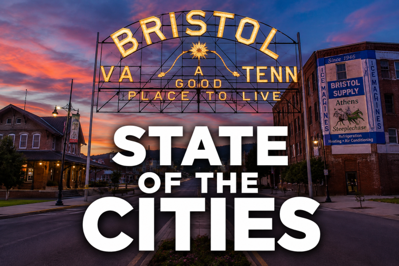 Bristol sign at sunset with State of the Cities title